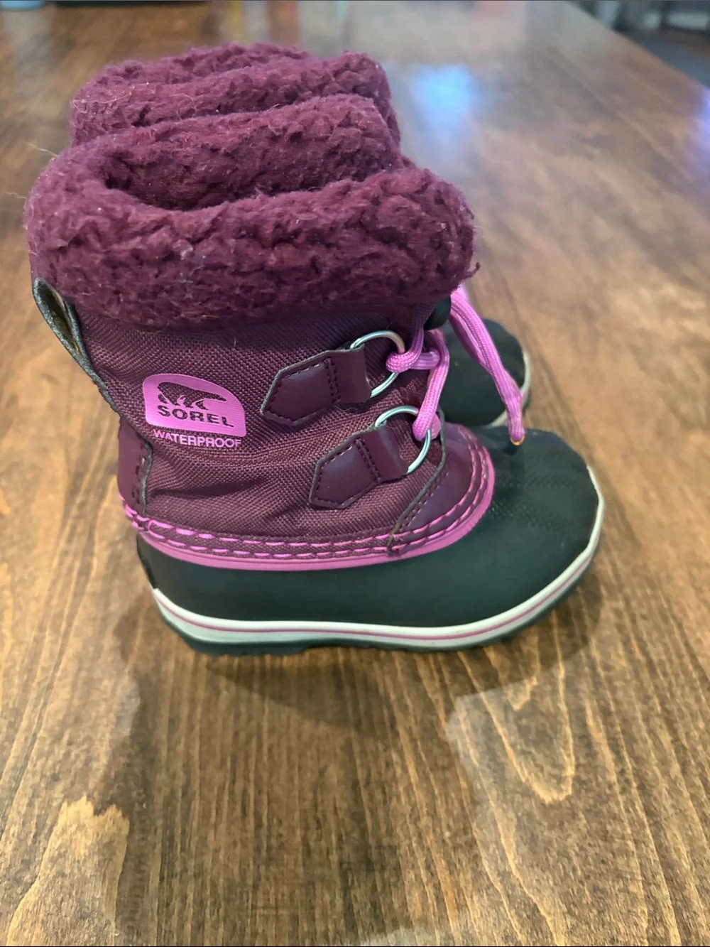 Sorel Kids Waterproof Snow Boots in Purple with Pink Accents